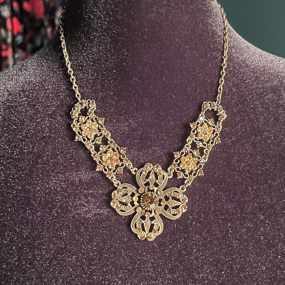 Ornate Gold Floral Necklace with Orange Rhinestones